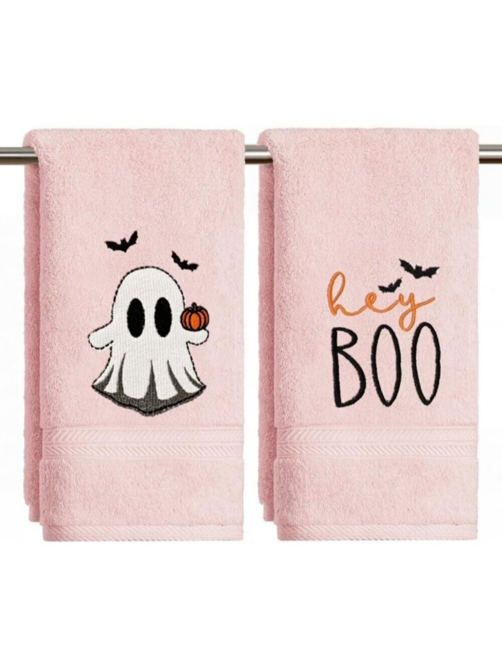 2 Pcs Black Ghost Boo Pink Halloween Embroidered Hand Towels 13.7 x 29.5 Inch